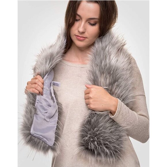 Luxury Silver Real Look Faux Raccoon Fur Scarf Neck Warmer Fur Collar Shawl Wrap - Picture 3 of 5